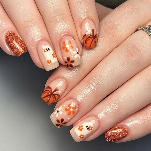 Medium Halloween Set Cute Ghost Pumpkin Square Acrylic Glitter Reusable Full Cover Stick On Nails for Women DIY Day of the Dead Nail Art