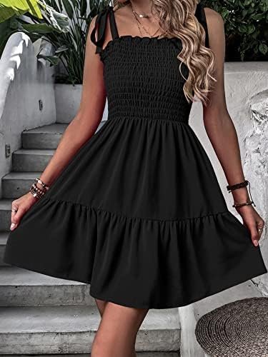 Women's 2023 Summer Short Dress Tie Shoulder Shirred Ruffle Hem Cami Dress Sleeveless Casual