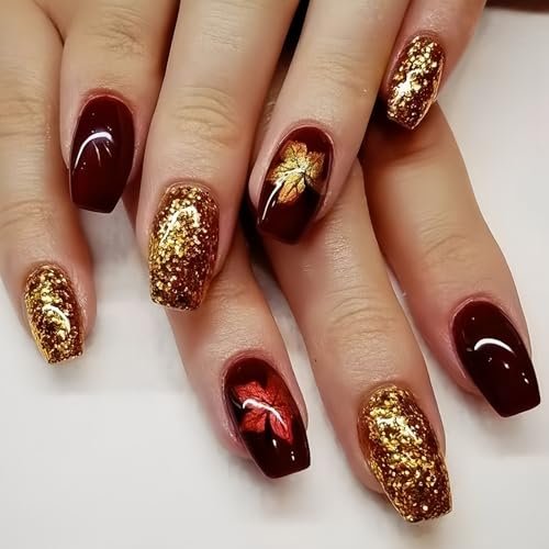 24Pcs Fall Press on Nails Short Square Fake Nails Wine Red and Gold Maple Leaf Glossy Gold Sparkly Acrylic Nails Full Cover Stick on Nails Autumn Thanksgiving Nail Decoration for Nail Art Supplies