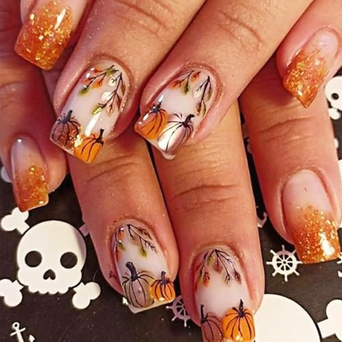 24 Pcs Fall Press on Nails Short Square Fake Nails Gold Glitter Pumpkins Full Cover Glue on Nails Reusable Artificial Thanksgiving Acrylic Nails Design Autumn False Nails for Women Manicure Art Kit