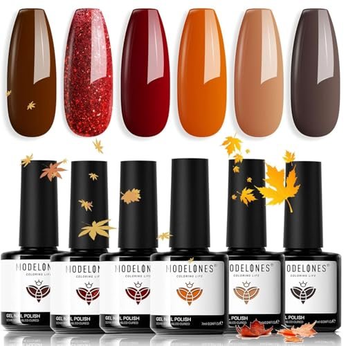modelones Fall Gel Nail Polish Set, 6 Colors 2025 Nude Brown Burnt Orange Glitter Gel Polish Dark Red Wine Burgundy Maroon Nail Polish Soak Off Halloween Nail Art Manicure Kit DIY Salon Gift