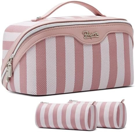 BOYATU Travel Makeup Bag for Women: Large Cosmetic Bag Set of 3 - PU Leather Make up Bag with Compartments - Compact Waterproof Toiletry Bag with Divider & Handle (A-01Pink)