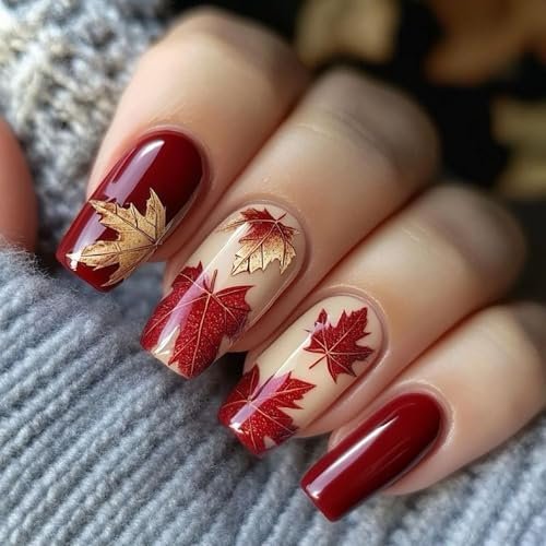 Fall Press on Nails Medium Coffin Maple Leaf Fake Nails with Designs Autumn False Nail Red Nails Press ons Coffin Nail Tips Glossy Glue Stick on Nail for Women Girls DIY Manicure Supplies 24PCS