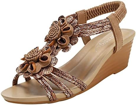 Fashion Summer Women Sandals Wedge Heel Open Toe Flowers Elastic Strap Roman Style Sandals Women Dressy Summer