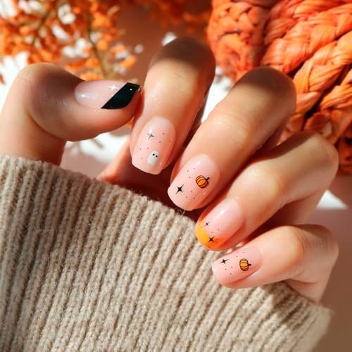 Glamnetic Press On Nails - Tiny Pumpkin | Short Squoval French Tip Fake Nails with Pumpkin Graphics & Glossy Finish, Salon Quality Halloween Nails | 15 Sizes - 30 Nail Kit with Glue