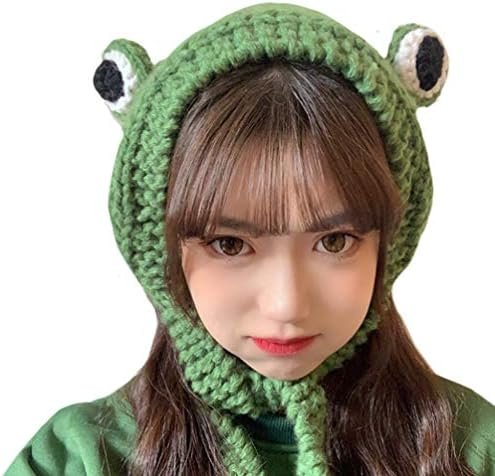 Women Girls Crochet Knitted Winter Headband Hat Beanie Cute Cartoon Frog Big Eyes Earflap Cap Photo Props