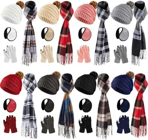 32 Packs Winter Hat Scarf Gloves Ear Warmer Set Women Knitted Beanie Hat with Pom Plaid Scarf Touch Screen Gloves Warm Earmuffs for Women Men Homeless