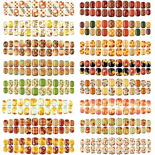 384 Pcs 16 Pack Fall Thanksgiving Press on Nails Autumn Short Fake Nails Square False Nails Artificial Nail Tips Full Cover Coffin with Maple Leaf Orange Floral Pattern for Women (Stylish Pattern)