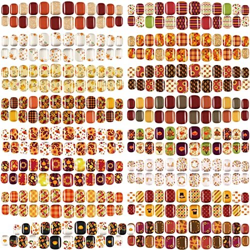 384 Pcs 16 Pack Fall Thanksgiving Press on Nails Autumn Short Fake Nails Square False Nails Artificial Nail Tips Full Cover Coffin with Maple Leaf Orange Floral Pattern for Women (Elegant Pattern)