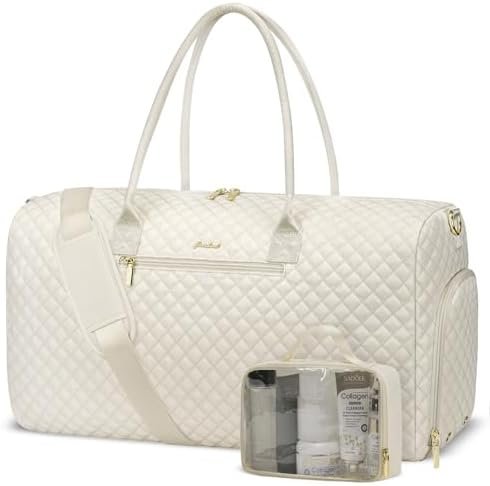 Weekender Travel Duffle Bag for Women: Overnight Bags with Shoe Compartment Carry on Bags for Airplanes with Toiletry Bag Hospital Bag Weekend Yoga Gym Bag with Wet Pocket Travel Duffel Tote Bag Beige