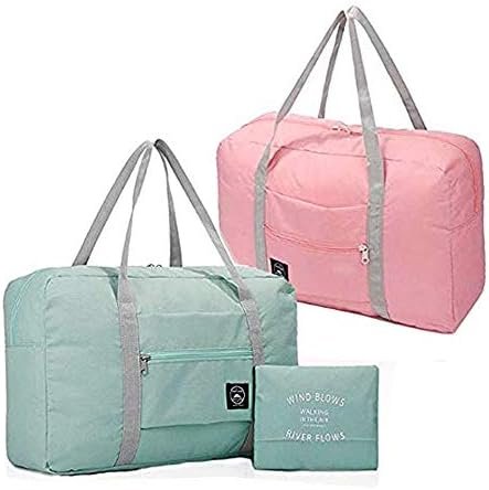 2 Pack Foldable Travel Bag Waterproof Travel Duffel Bag,Women Ladies Man Canvas Weekender Bag Overnight Carry-on Tote Duffel in Trolley Handle (Pink&Blue)…