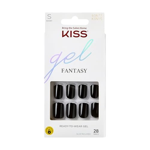KISS Gel Fantasy Press On Nails, Nail glue included, 'Aim High', Black, Short Size, Squoval Shape, Includes 28 Nails, 2g Glue, 1 Manicure Stick, 1 Mini File, 1 Adhesive Tab