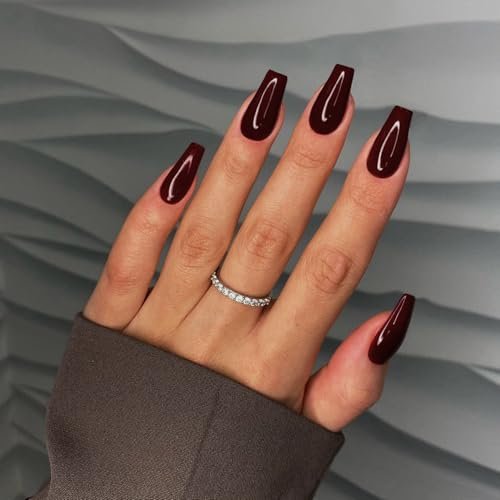 KQueenest Dark Red Medium Long Square Nails Press Ons Gloss, More Burgundy Long Fake Nails For Women Daily Wear, Thick Acrylic Stick on Nails False Nails Set, 24 Pcs