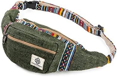 Freakmandu Eco-Friendly Green Boho Hippie Style Hemp Fanny Pack Cross Body Hip Waist Bag for Hiking Running Jogging (Safari)