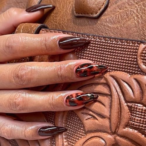 Medium Press on Nails Almond Fake Nails with Marble Designs Fall Nails Press ons Glossy Glue on Nails Brown Acrylic Nails Artificial Stick on Nails for Women 24Pcs